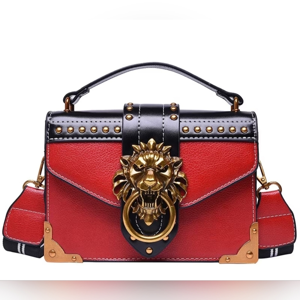 Elegant Red & Black Handbag Crossbody Purse with Gold Accents Doorknocker Lion